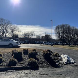 A sunny day showcasing a parking area with scattered vehicles and a clear blue sky.