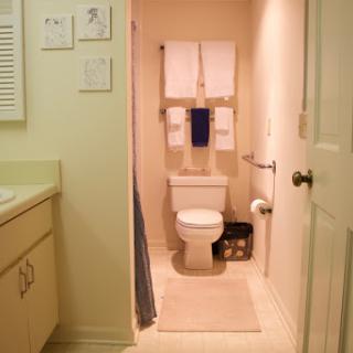 A clean and simple bathroom featuring a toilet, sink, and neatly arranged towels.