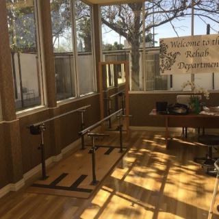 A sunlit rehabilitation room equipped with parallel bars for physical therapy.