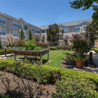 A beautifully landscaped courtyard with lush greenery and a multi-story building in the background.