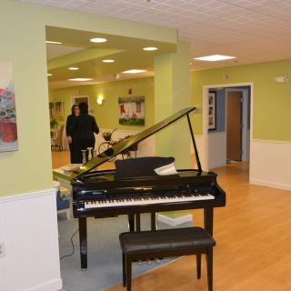 A spacious room with a black grand piano and green walls, featuring modern decor.