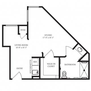 A floor plan of an apartment featuring a living room, kitchen, bathroom, and a walk-in closet.