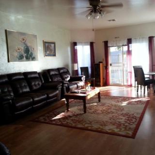 A cozy living room with leather seating and a sunlit space.