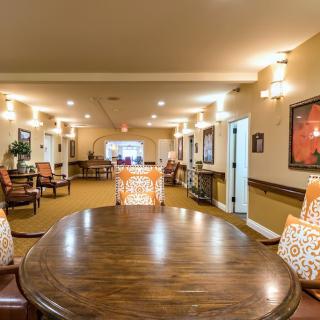 Warm and inviting dining area with elegant lighting and decor.