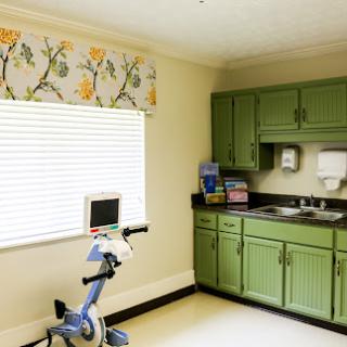 A cozy kitchen featuring green cabinets and a stationary bike, perfect for combining fitness and cooking.
