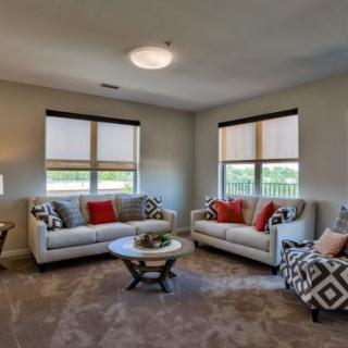 A cozy living room featuring two sofas, an armchair, and a central coffee table, with decorative pillows adding a touch of color.
