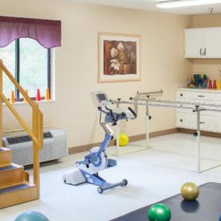 A rehabilitation room equipped with various physical therapy tools including a stationary exercise machine, parallel bars, and therapy balls.