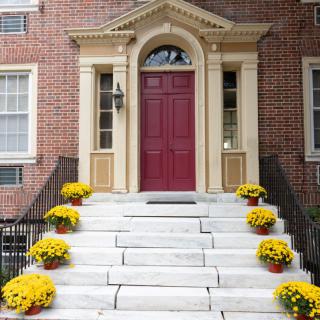 A brick building entrance with a red door and steps lined with yellow potted flowers.