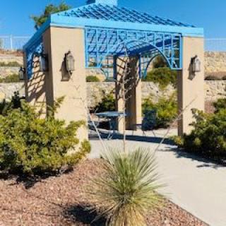 A blue-roofed gazebo surrounded by desert landscaping on a sunny day.
