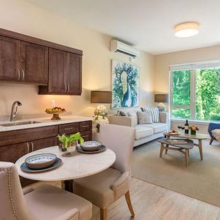 A cozy living space with an open kitchen, dining area, and ample natural light streaming through large windows.