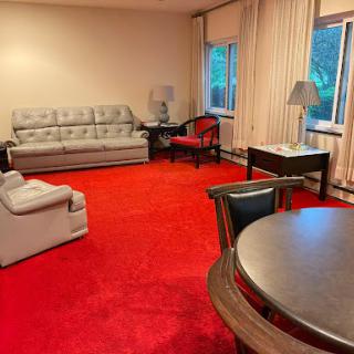A cozy living room featuring a gray sofa, a round table, and vibrant red carpet.