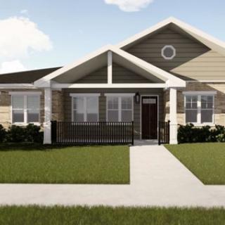 A single-story house with a front porch and a well-maintained lawn on a sunny day.