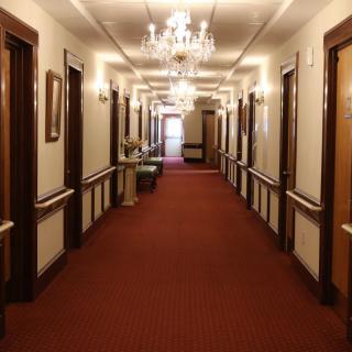 A luxurious hotel hallway with chandeliers and a red carpeted floor.