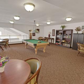 A spacious game room featuring a pool table and comfortable seating, with bookshelves lining the walls.