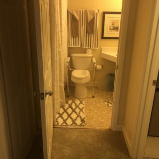 A well-lit bathroom with a toilet, sink, and shower area.
