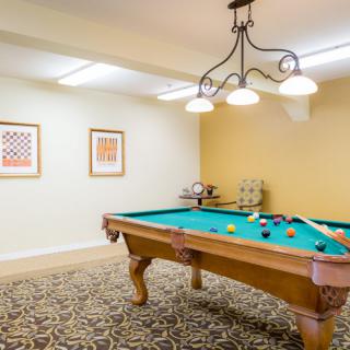 A well-lit pool room with a billiard table and decorative artwork on the walls.
