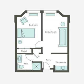A simple floor plan showing the layout of a one-bedroom apartment with designated areas for a living room, bedroom, kitchen, and bathroom.