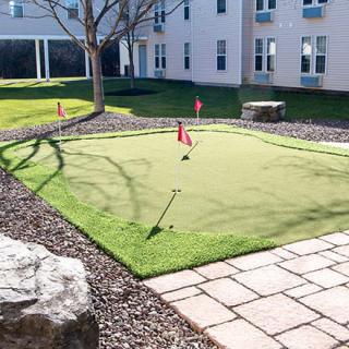 An outdoor putting green surrounded by a landscaped area, ready for golf practice.