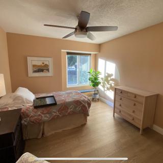 A cozy bedroom with a single bed, dresser, and natural light from a large window.