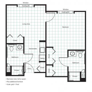 A floor plan of a two-bedroom apartment featuring a living room, kitchen, and two bathrooms.