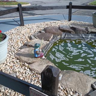 A charming fishing-themed pond featuring a decorative statue patiently casting a line.