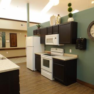 A modern kitchen interior featuring dark cabinetry, a white refrigerator, and a wall-mounted microwave above the stovetop.