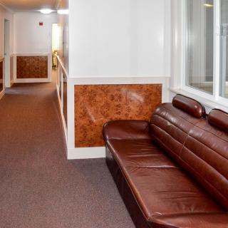 A hallway with a brown leather sofa and carpeted floor.