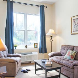 A cozy living room with a sofa, lamp, coffee table, and large window framed by blue curtains.