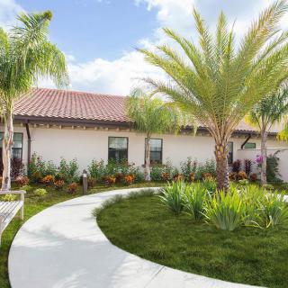 A picturesque garden with a winding pathway, surrounded by palm trees and lush greenery in front of a house.
