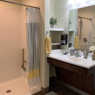 A modern bathroom with a shower, sink, and mirror featuring decorative items.