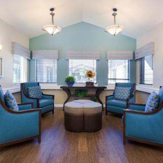A modern living room with blue accented chairs and ample natural light.