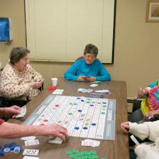 A group of seniors enjoying a board game together in a cozy indoor setting.