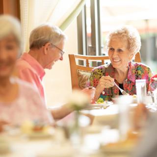 A group of elderly people enjoying a meal and conversation in a restaurant setting.