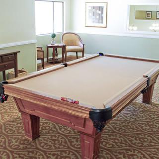 A well-lit game room featuring a pool table with beige cloth.