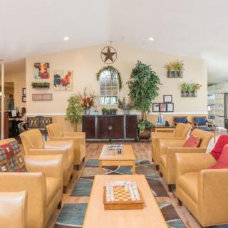 A cozy living room with modern leather chairs, wooden tables, and vibrant decorative elements.