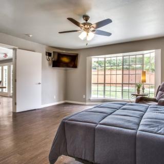 A modern bedroom with wood flooring and a large window allowing natural light, featuring a ceiling fan and wall-mounted TV.