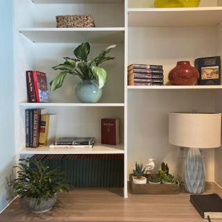 A neatly organized bookshelf with books, decorative plants, and a lamp enhances a stylish interior space.