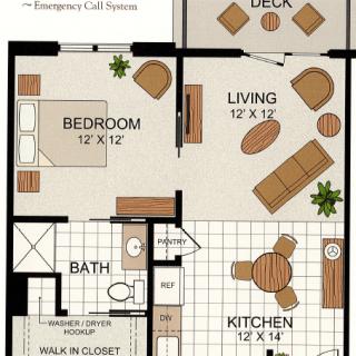 A floor plan of a one-bedroom apartment with kitchen, living room, bath, and deck.