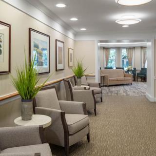 A modern lobby waiting area with comfortable chairs and decorative plants.