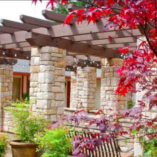 A beautiful garden setting with stone pillars and red-leaved trees under a wooden pergola.
