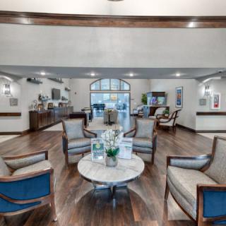 A modern lobby with comfortable seating and stylish decor.