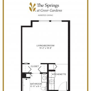 Studio apartment floor plan for The Springs at Greer Gardens.