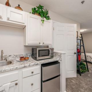 A cozy kitchen area with white cabinets, a microwave, and a mini fridge, enhanced by indoor plants and decorative items.