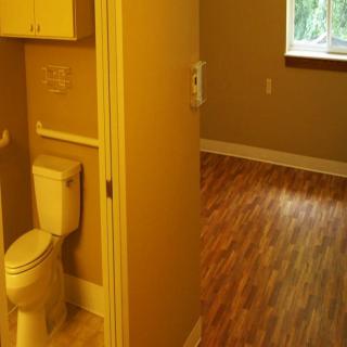 A view of a bathroom and adjacent room with wooden flooring.