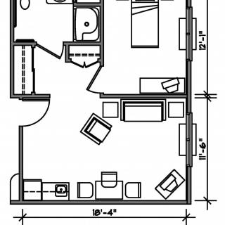 A floor plan of a one-bedroom apartment featuring a living area, kitchen, bathroom, and entrance.