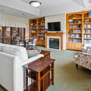 A cozy living room featuring a fireplace, bookshelves, and a television.