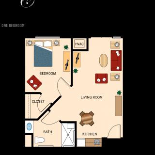 A simple one-bedroom apartment floor plan with a living room, kitchen, bathroom, and closet.