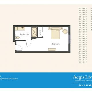 Floor plan of a studio apartment layout.