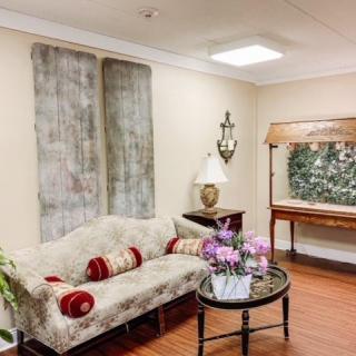 A cozy living room with a decorative sofa, artwork, and plants.