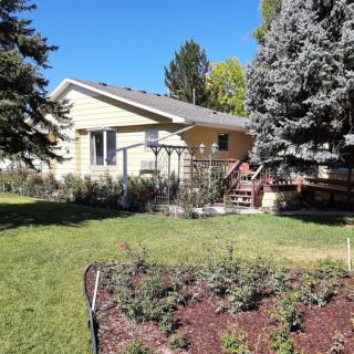 A cozy house with a well-maintained yard and garden on a sunny day.